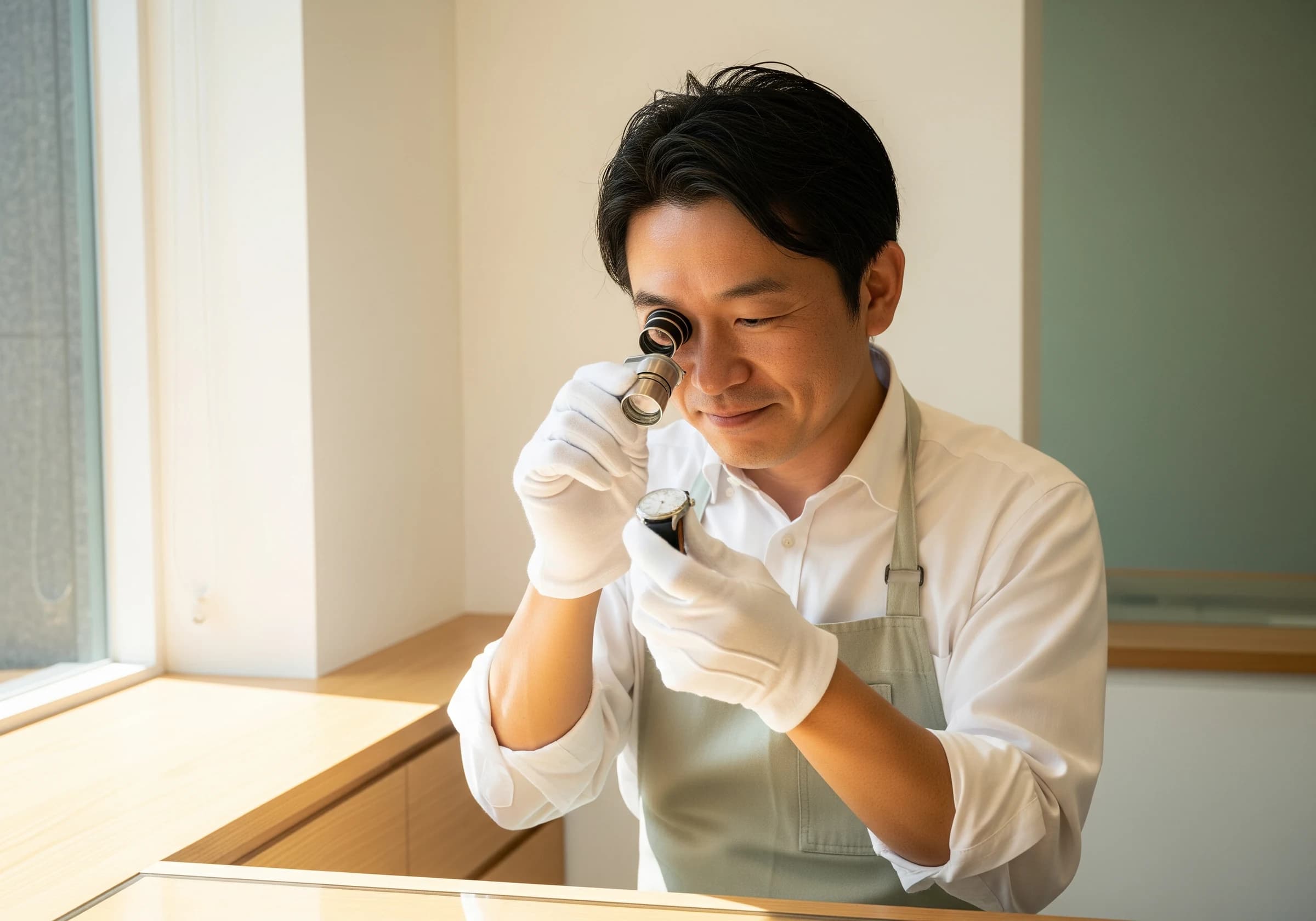 自然光の下、お客様の品物を丁寧に査定するスタッフの手元