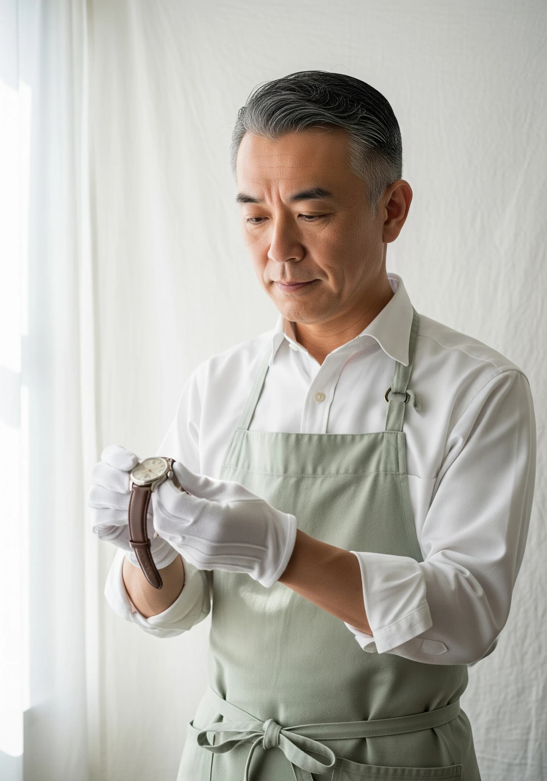 白手袋でヴィンテージ時計を慎重に確認するスタッフの手元